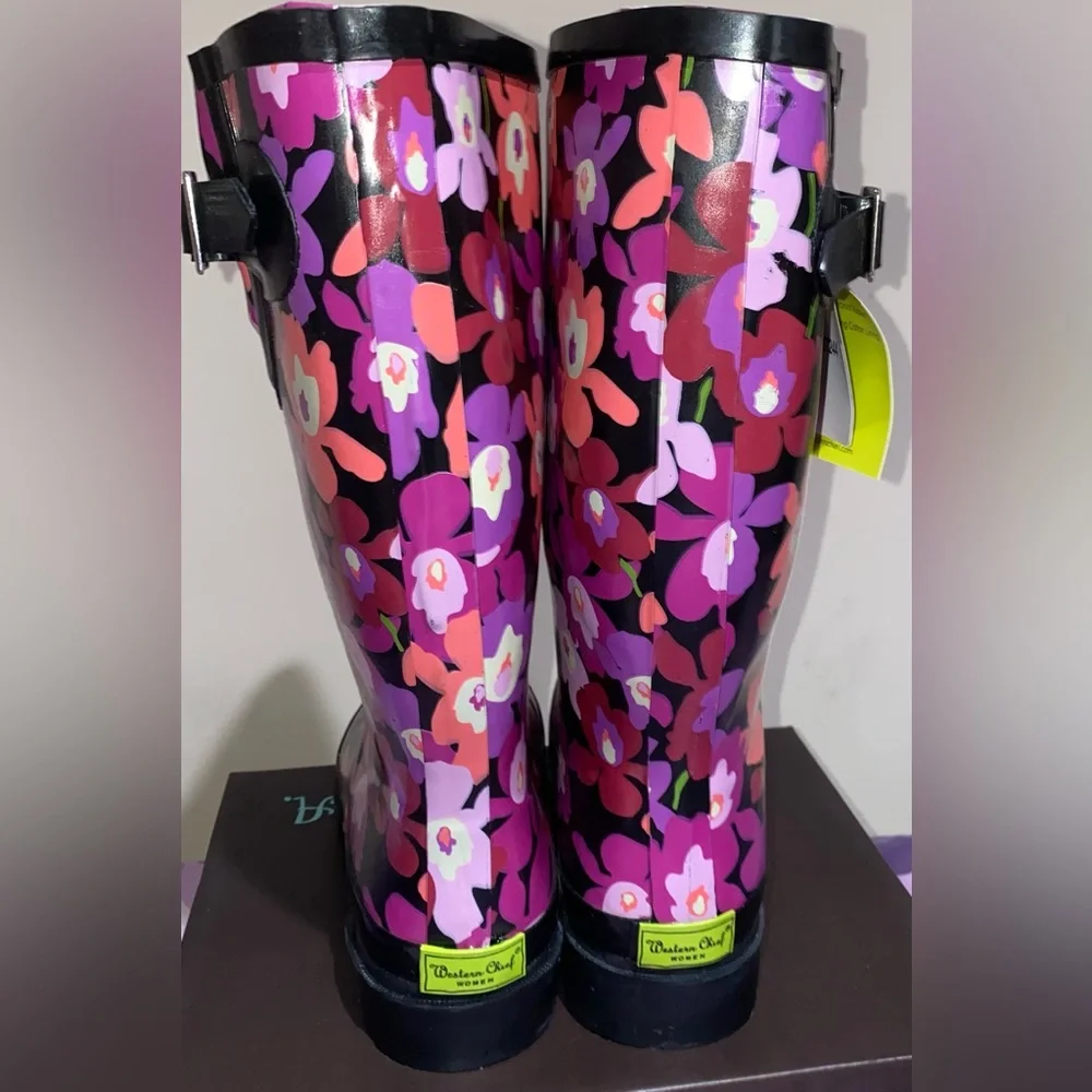 New Western chief rain boots boho floral garden boots purple pink floral graphic